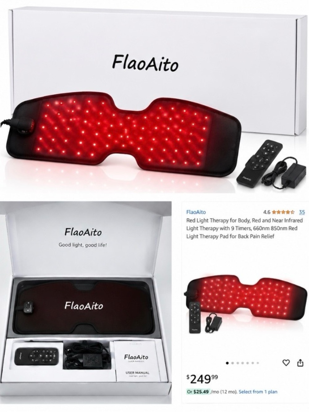 NIB FlaoAito Red Light Therapy Body Pad with Remote 9 Timer Settings